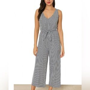 Caution to the Wind jumpsuit romper Navy blue striped tie waist V-neck wide leg